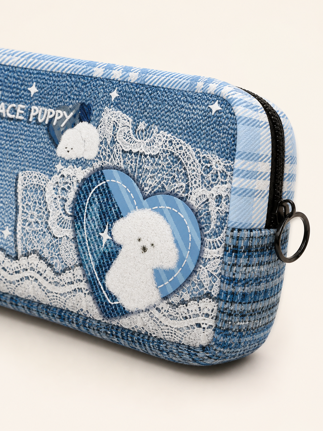 Lace Puppy Canvas Flat Pencil Case — puppy detail