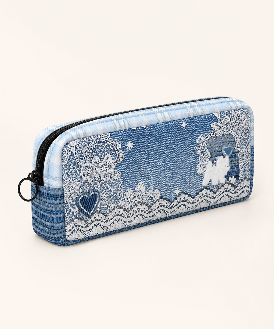 Lace Puppy Canvas Flat Pencil Case — back view