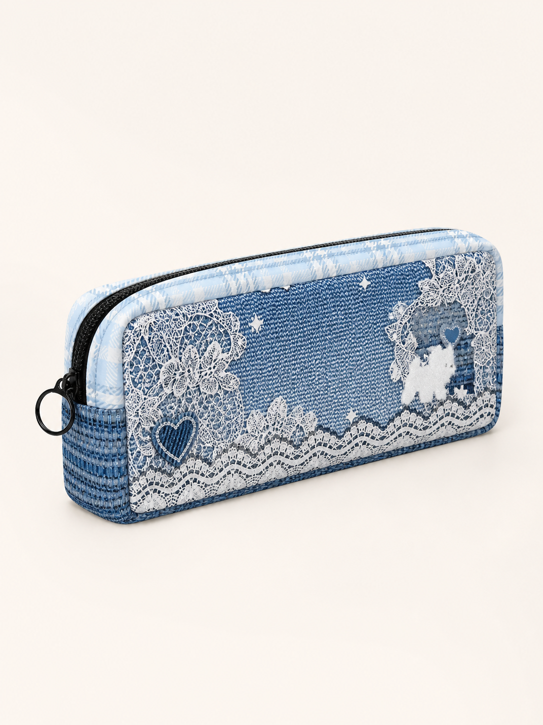 Lace Puppy Canvas Flat Pencil Case — back view