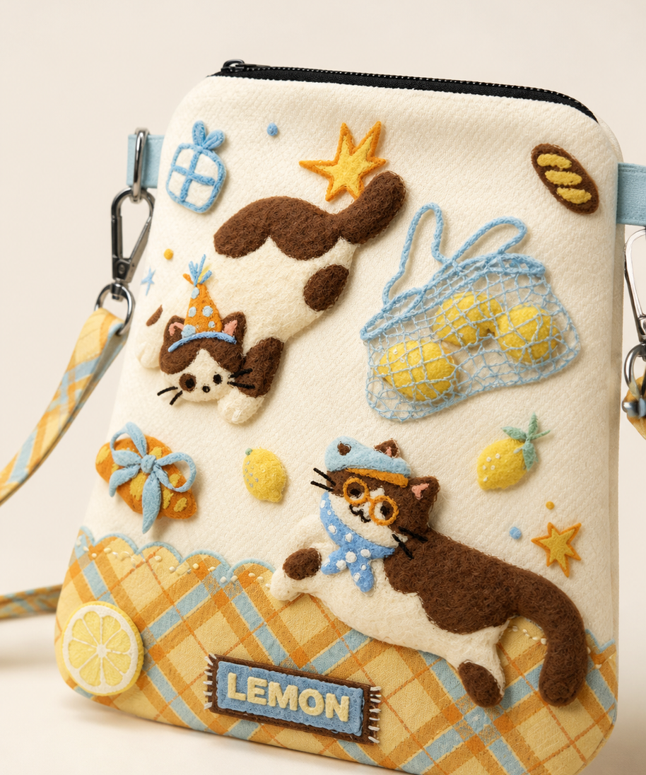 Lemon Kitten Canvas Phone Bag — kitten and lemon artwork detail
