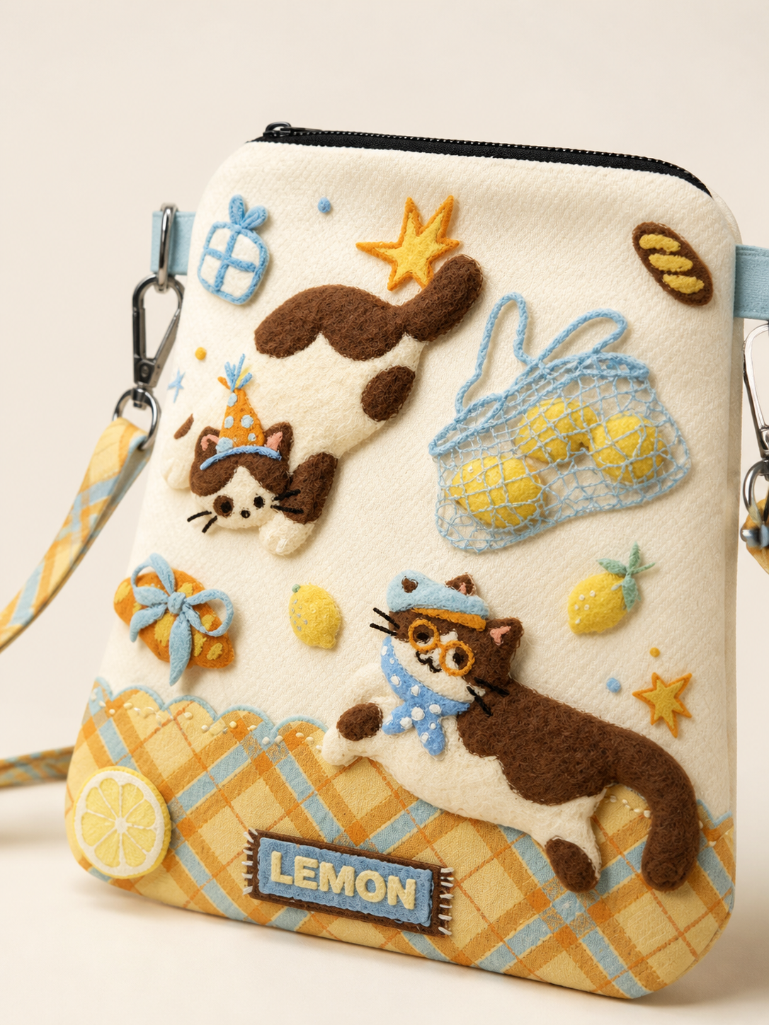 Lemon Kitten Canvas Phone Bag — kitten and lemon artwork detail