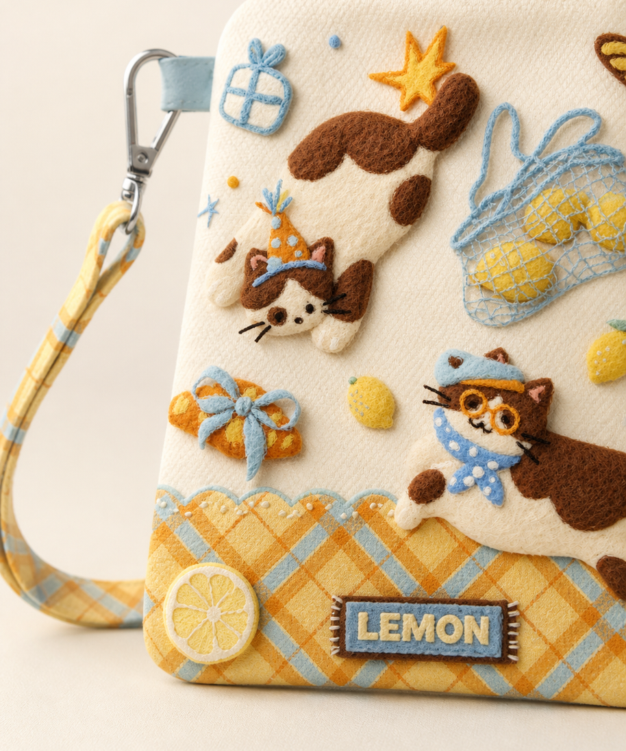 Lemon Kitten Canvas Phone Bag — gingham panel detail