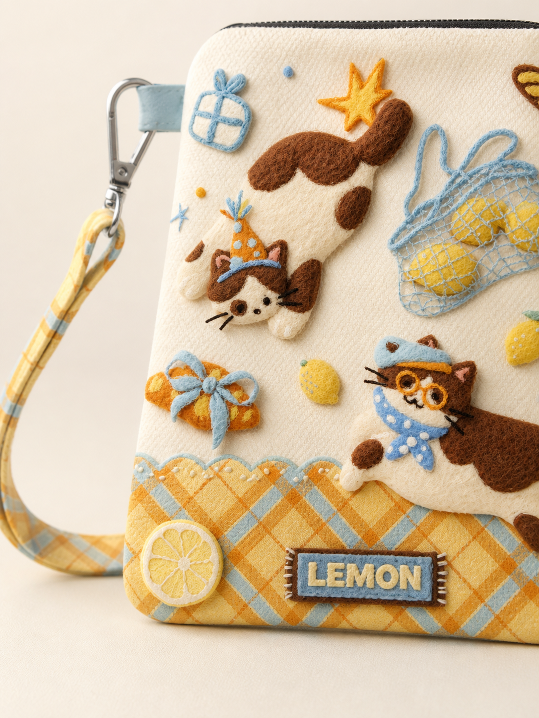 Lemon Kitten Canvas Phone Bag — gingham panel detail