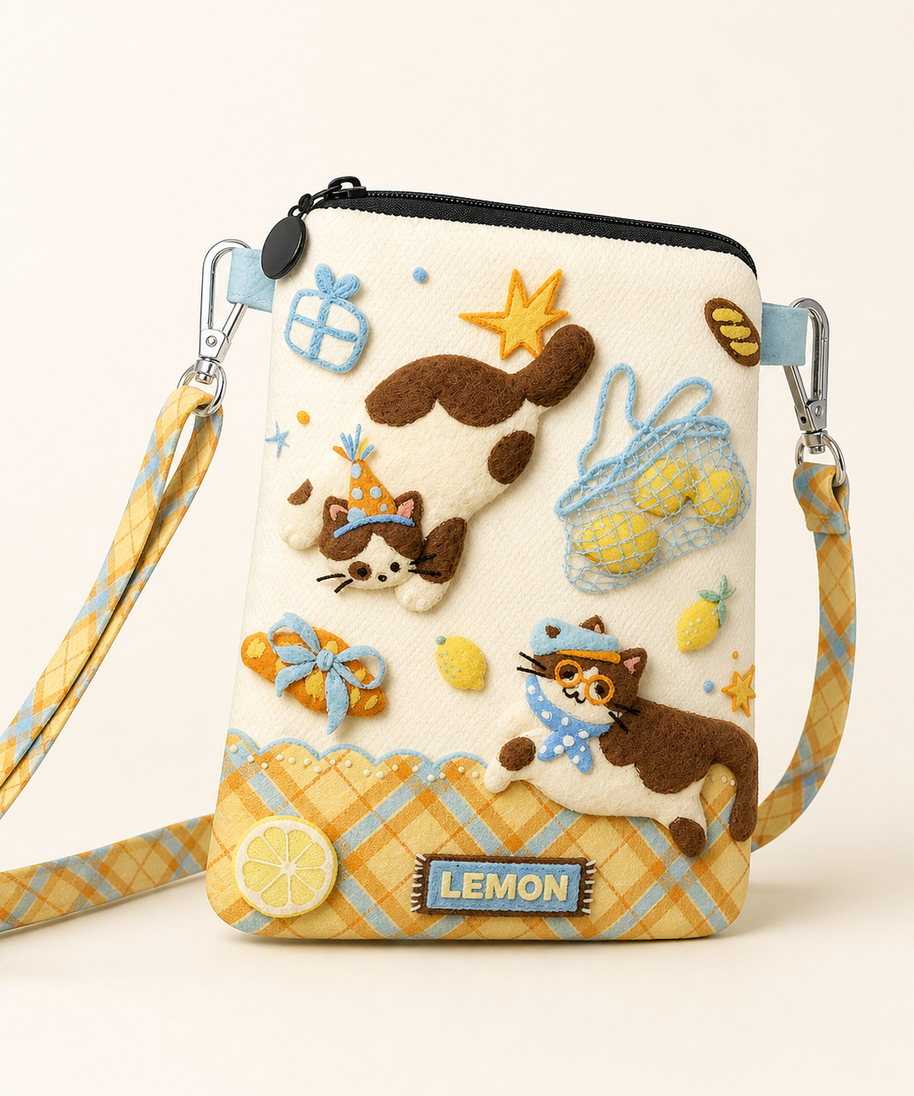 Lemon Kitten Canvas Phone Bag — zipper and hardware detail