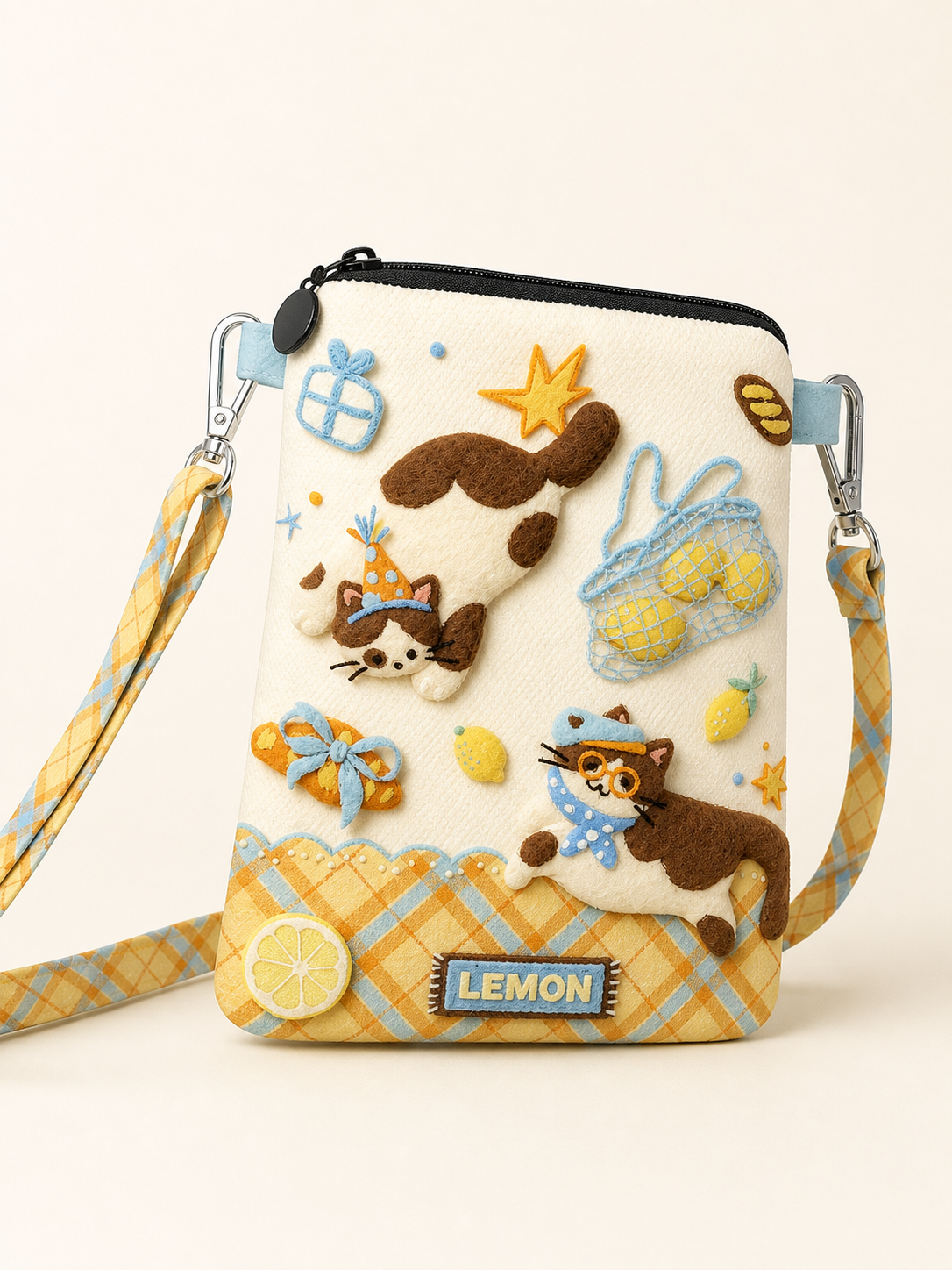 Lemon Kitten Canvas Phone Bag — zipper and hardware detail