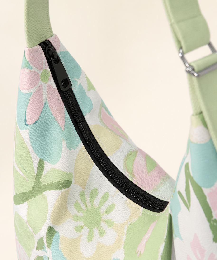 Lime Blossom Canvas Crossbody Bag — zipper detail