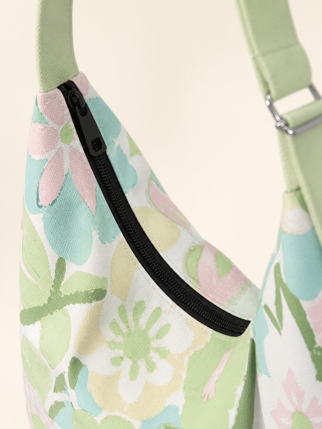 Lime Blossom Canvas Crossbody Bag — zipper detail