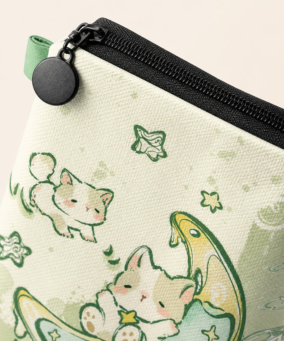 Lucky Cat Canvas Phone Bag — zipper detail