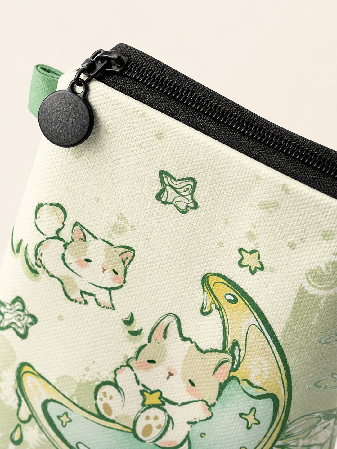 Lucky Cat Canvas Phone Bag — zipper detail
