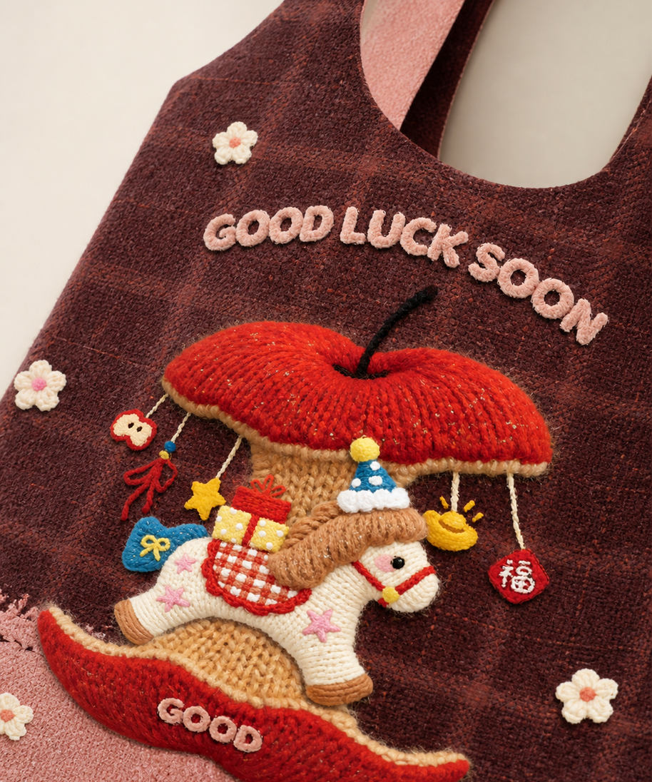 Lucky Horse Canvas Shoulder Bag — embroidery detail