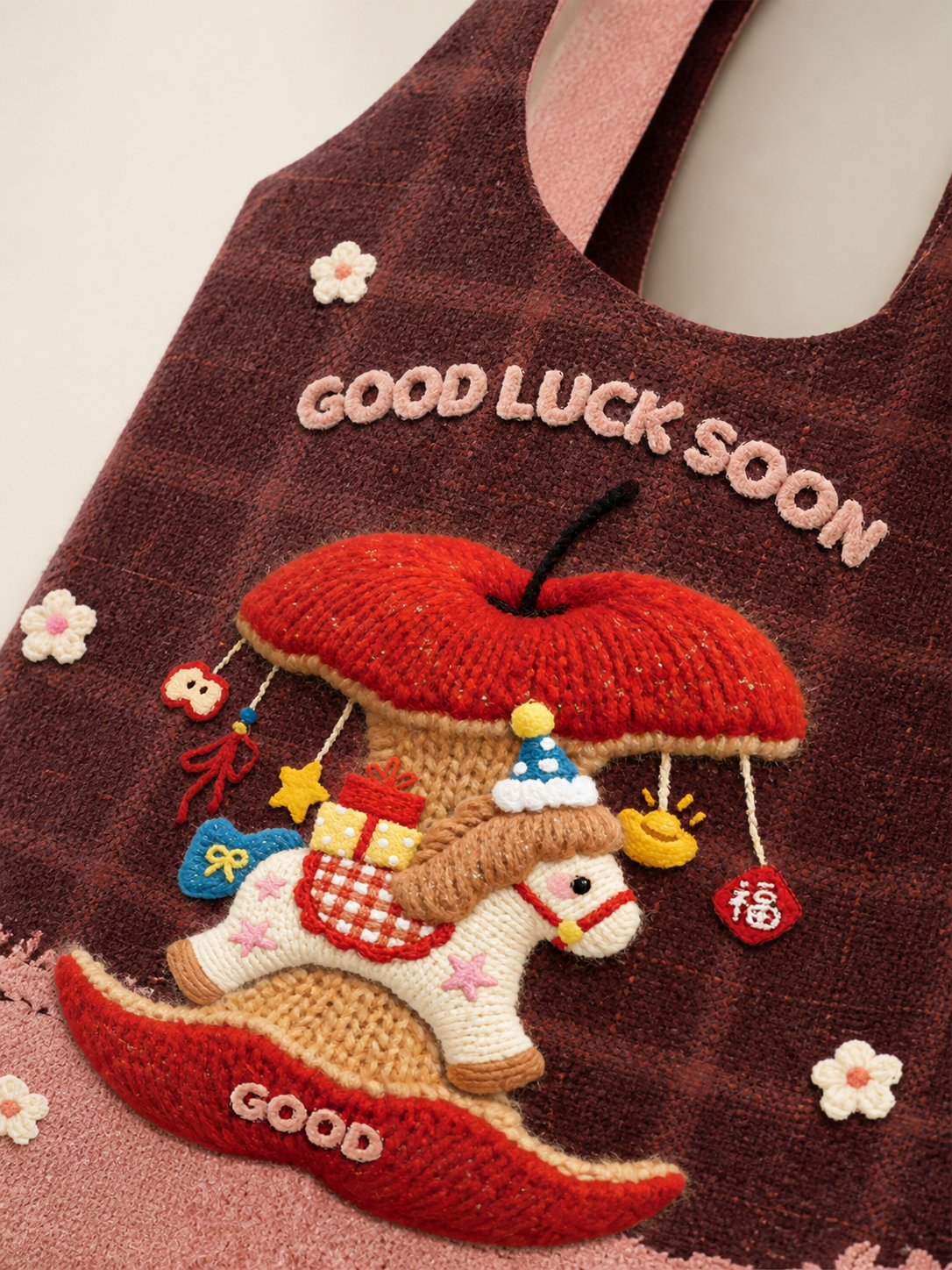 Lucky Horse Canvas Shoulder Bag — embroidery detail