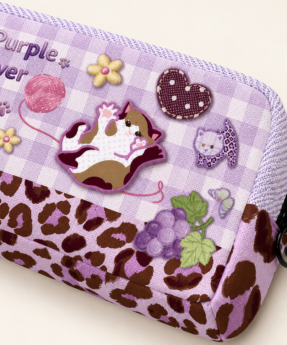 Purple Cat Canvas Box Pencil Case — cat detail