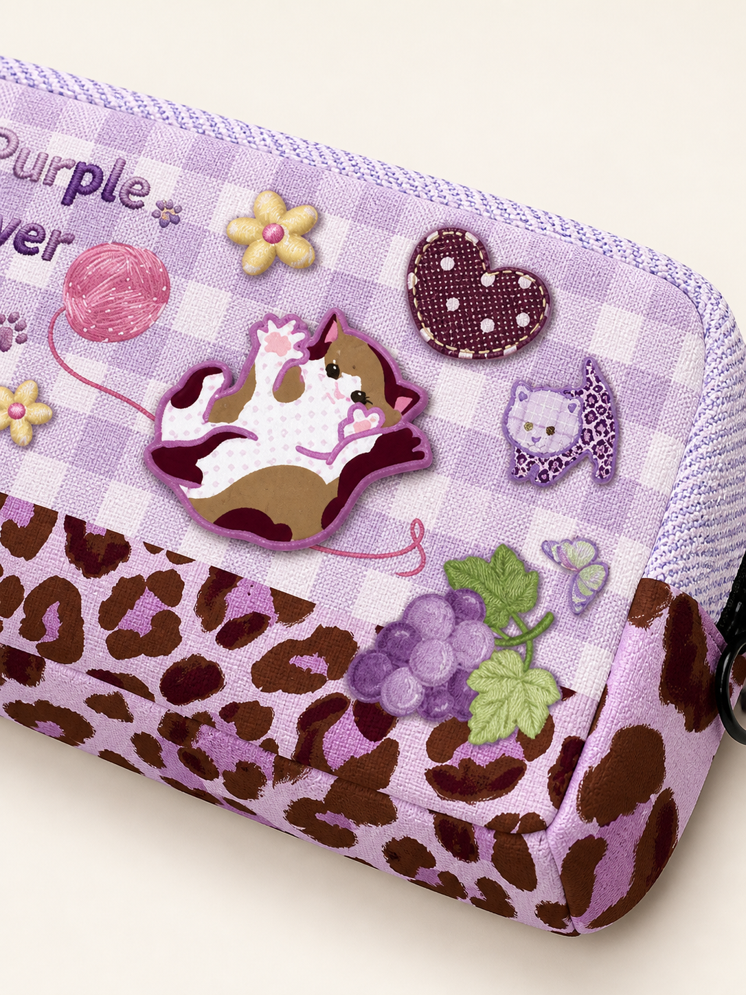 Purple Cat Canvas Box Pencil Case — cat detail