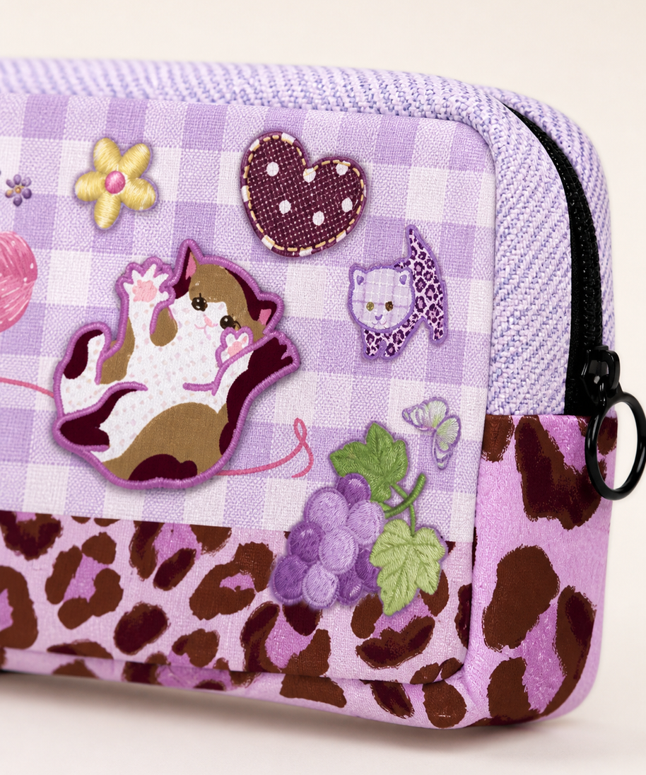 Purple Cat Canvas Box Pencil Case — pattern detail