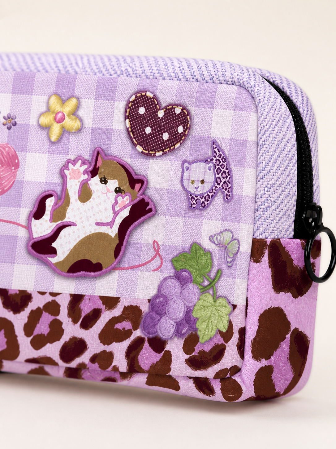 Purple Cat Canvas Box Pencil Case — pattern detail