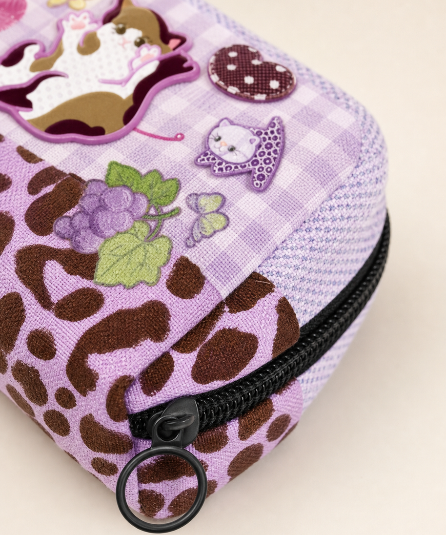 Purple Cat Canvas Box Pencil Case — zipper detail