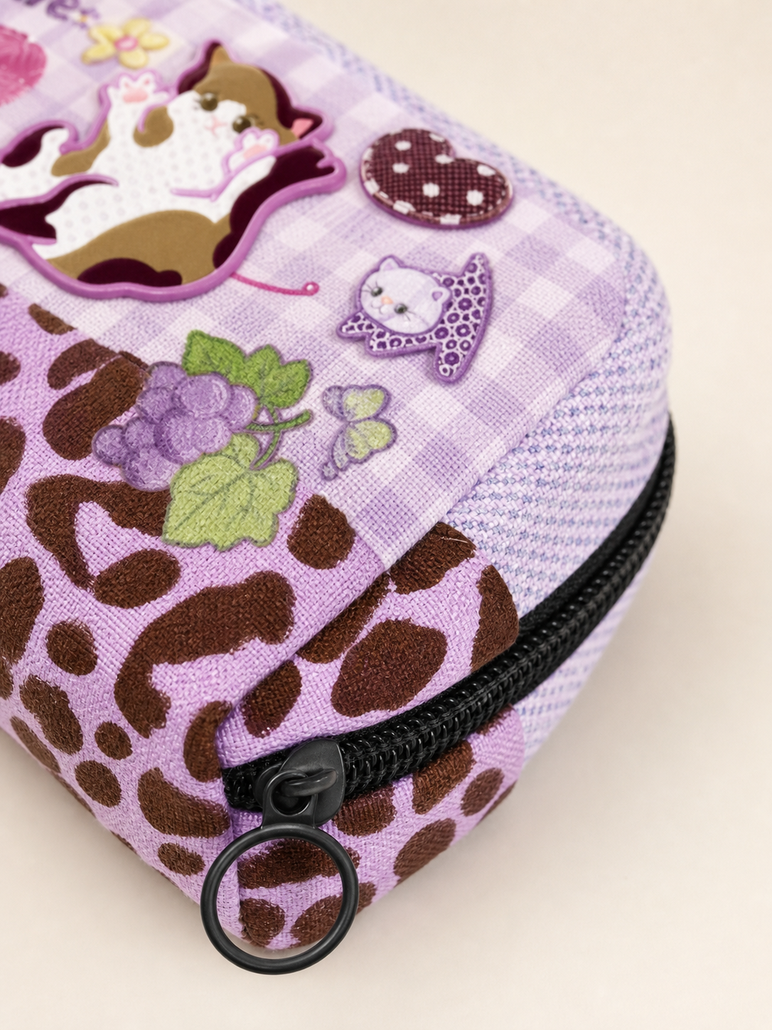 Purple Cat Canvas Box Pencil Case — zipper detail