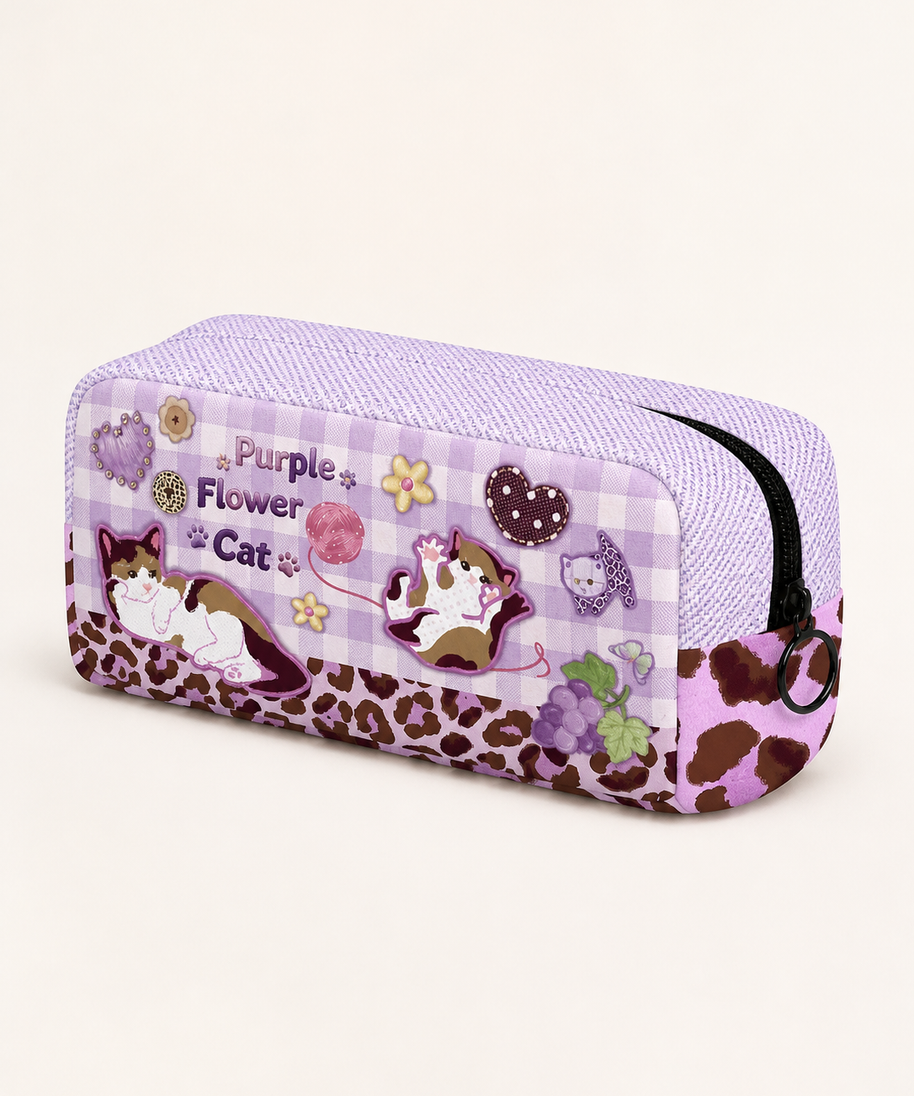 Purple Cat Canvas Box Pencil Case — back view