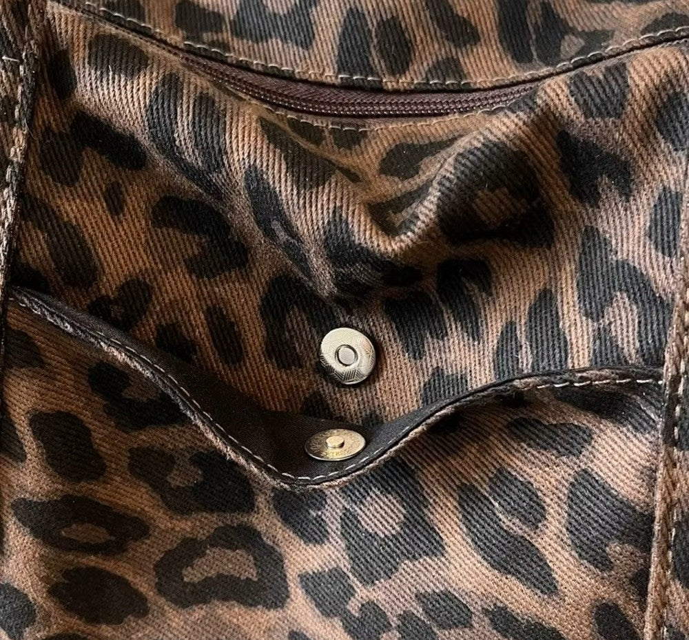 Borsa tote in tela leopardata rétro