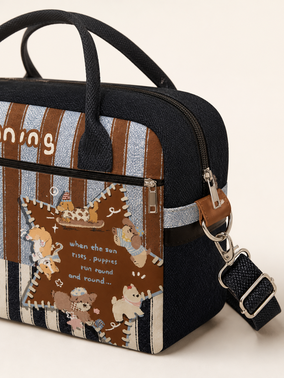 Running Puppy Canvas Travel Bag — strap detail