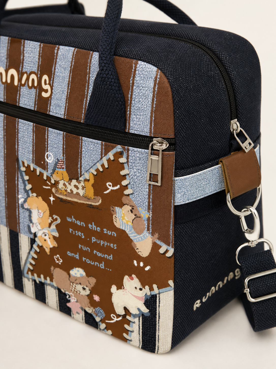 Running Puppy Canvas Travel Bag — zipper detail