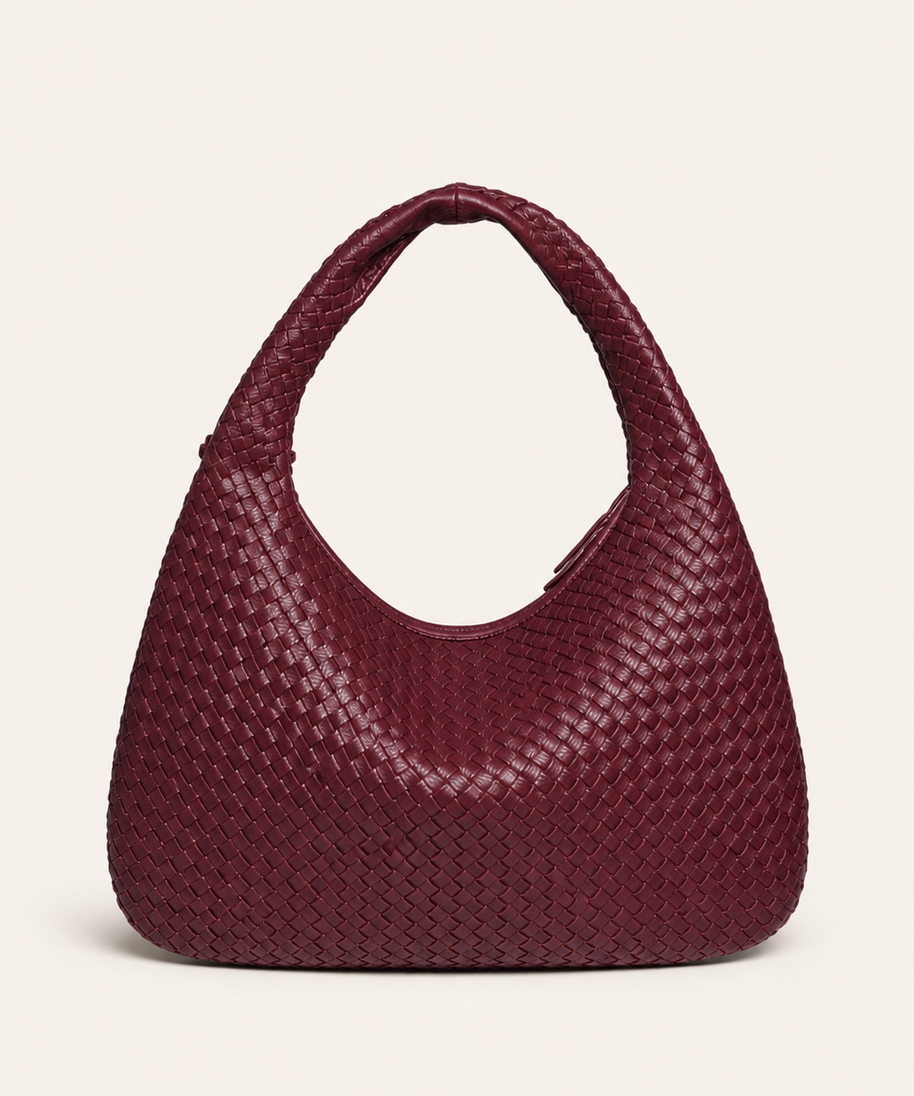 Sienna Woven Crescent Shoulder Bag back view on warm ivory background