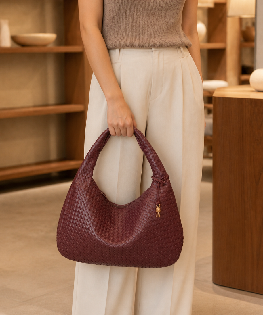 Model holding Sienna Woven Crescent Shoulder Bag