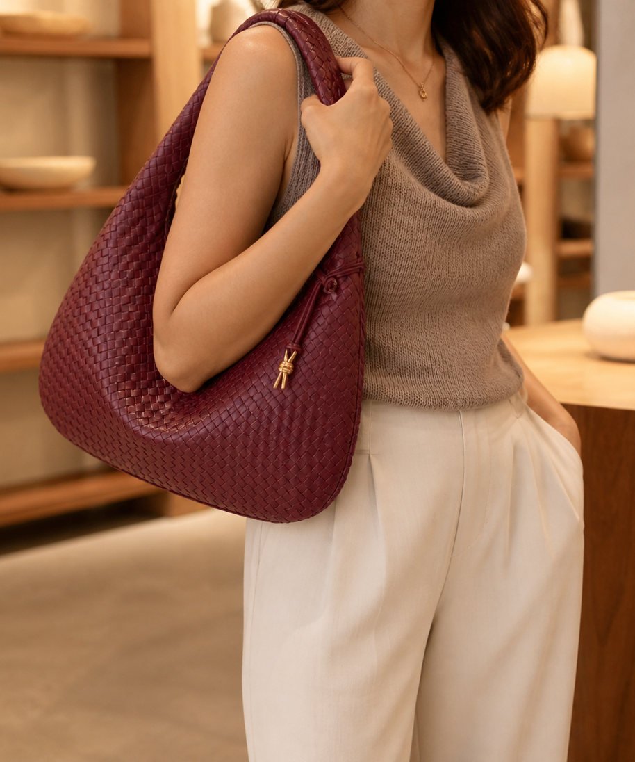 Model wearing Sienna Woven Crescent Shoulder Bag on shoulder