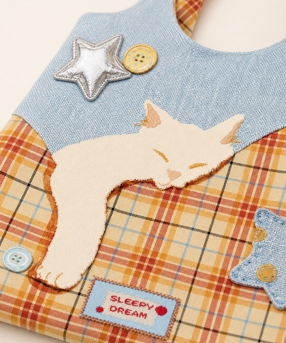 Sleepy Cat Canvas Shoulder Bag — construction detail