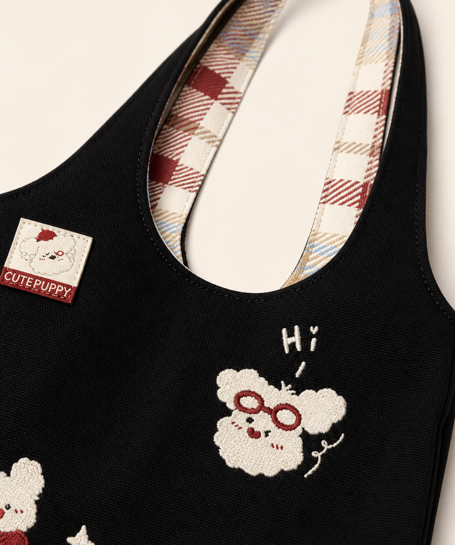 Sleepy Westie Canvas Shoulder Bag — construction detail
