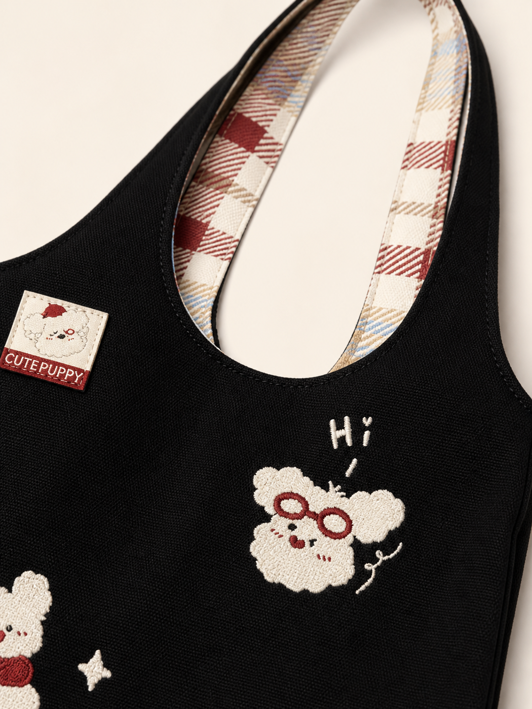 Sleepy Westie Canvas Shoulder Bag — construction detail