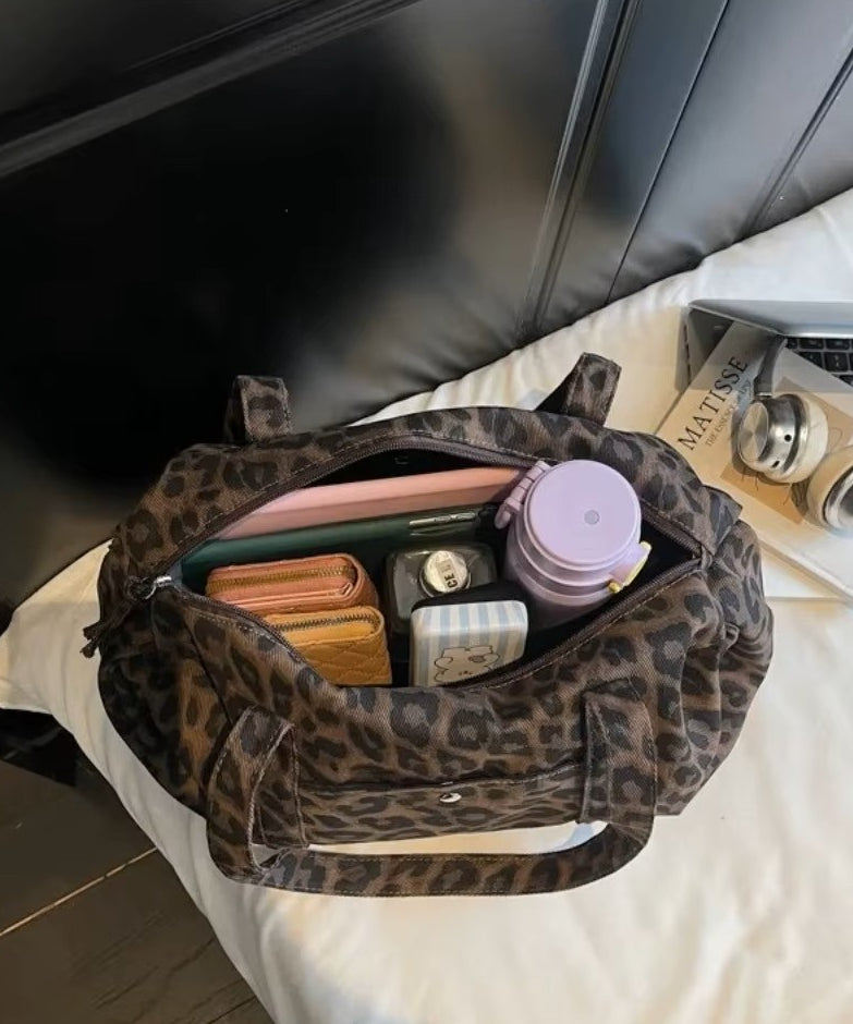 Borsa tote in tela leopardata rétro