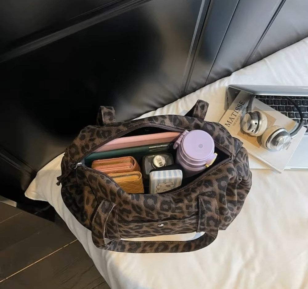 Borsa tote in tela leopardata rétro