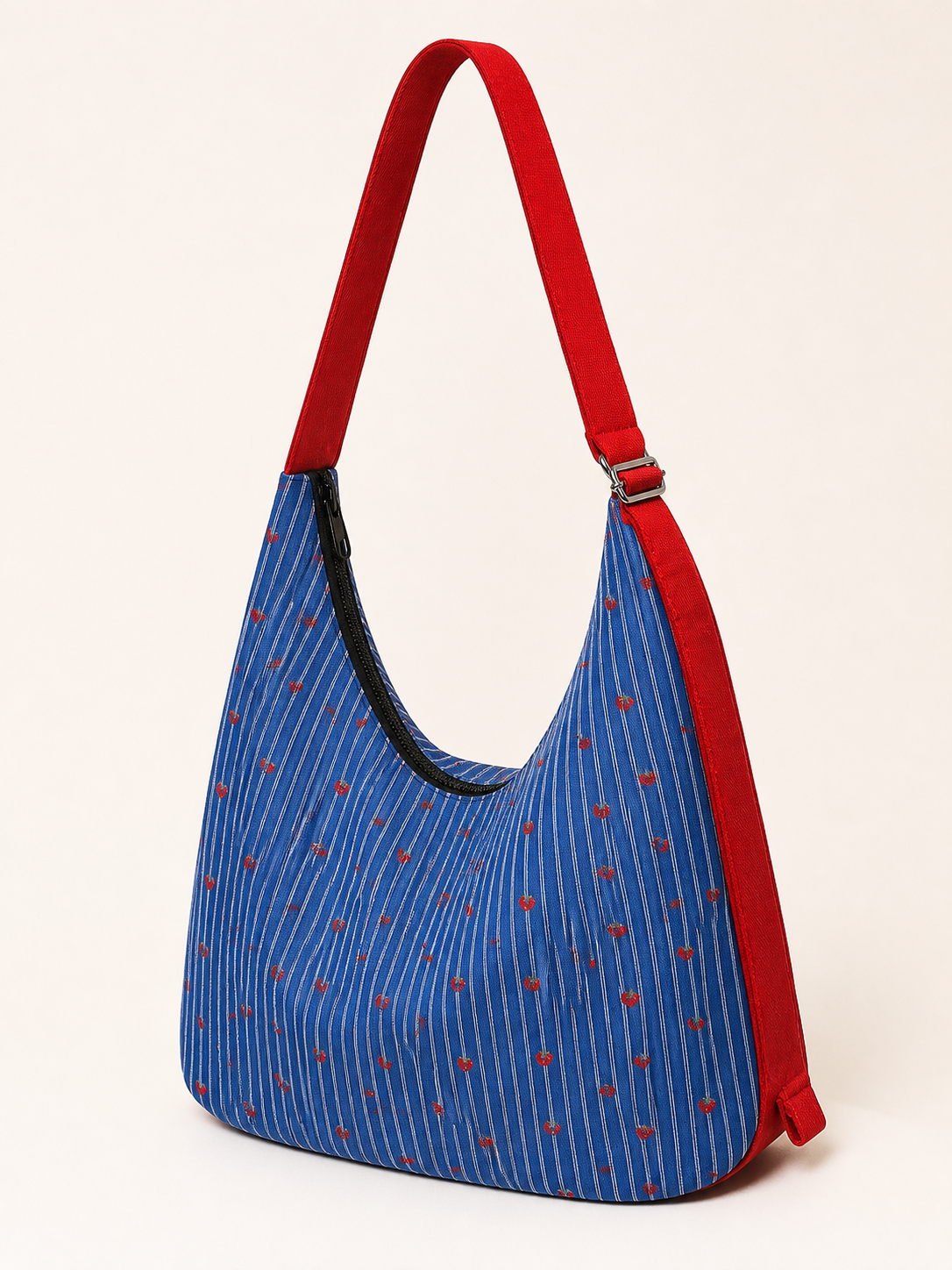 Strawberry Dot Canvas Crossbody Bag — zipper detail