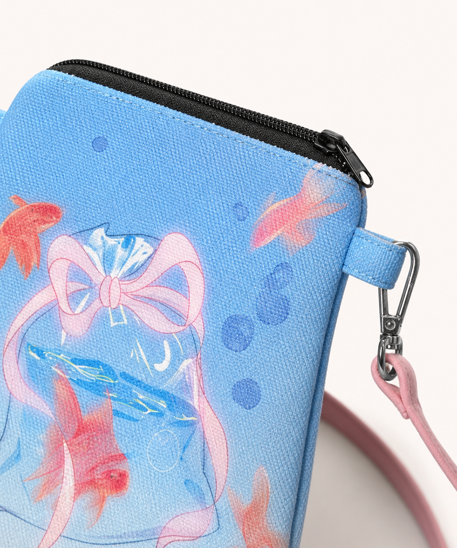 Summer Fish Canvas Phone Bag — zipper detail