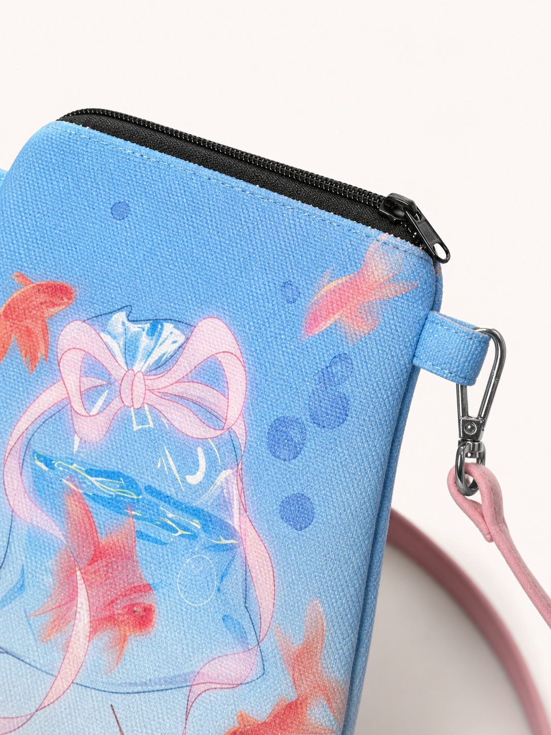 Summer Fish Canvas Phone Bag — zipper detail