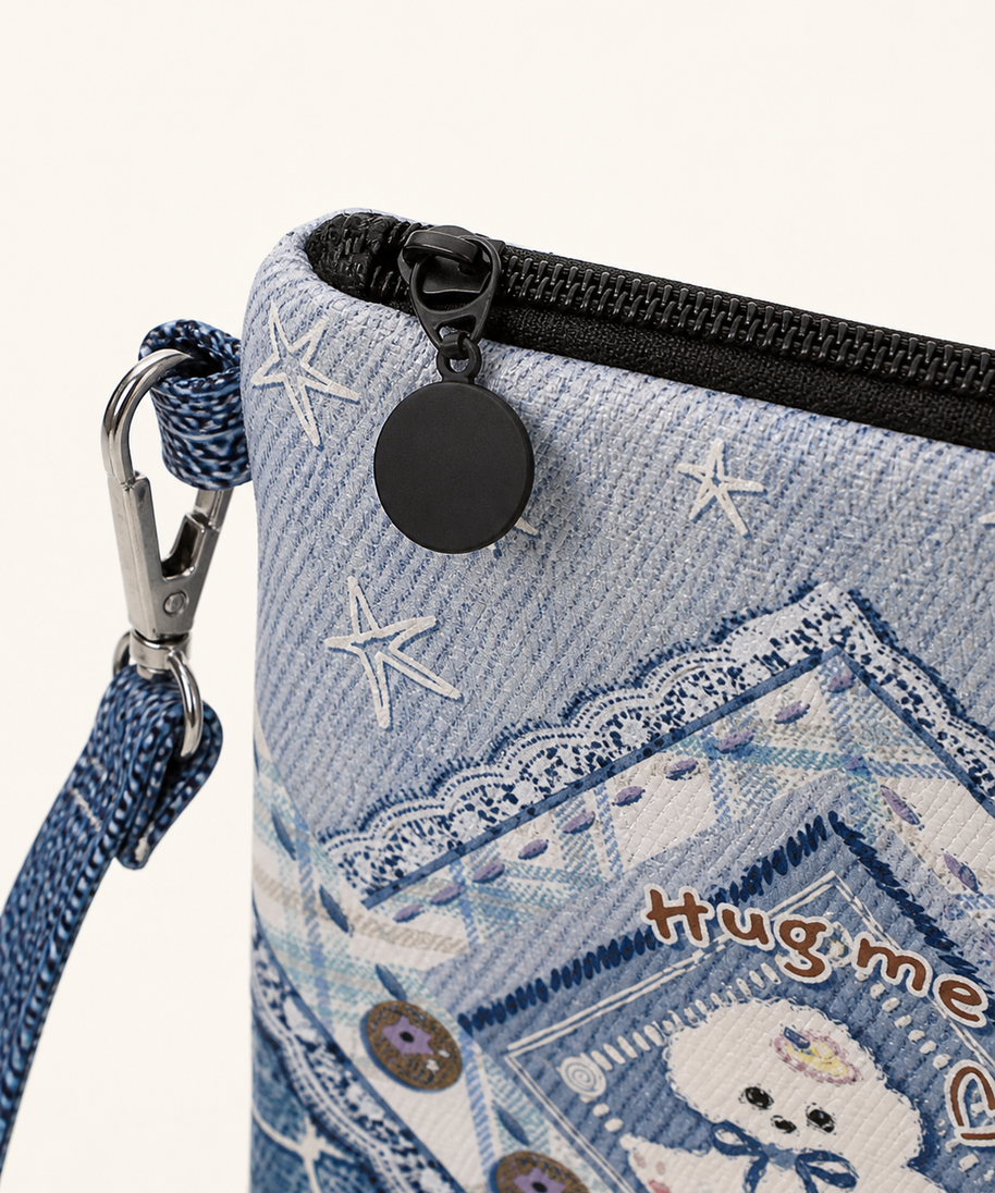 Tie-Dye Puppy Canvas Phone Bag — zipper detail