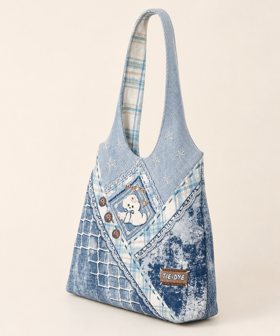 Tie-Dye Puppy Canvas Shoulder Bag — back and construction detail