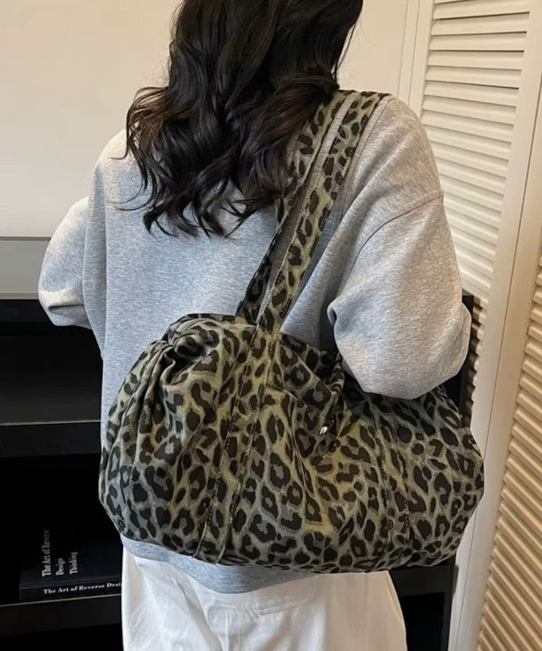 Borsa tote in tela leopardata rétro