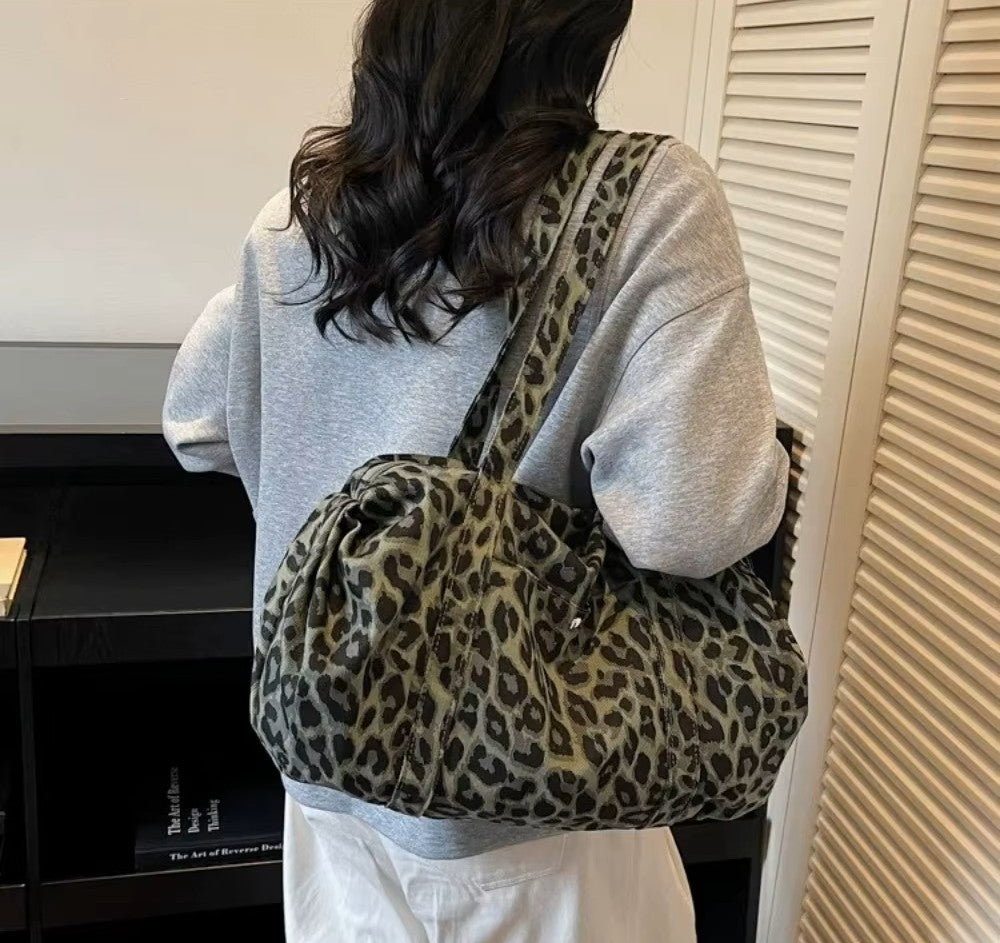 Borsa tote in tela leopardata rétro