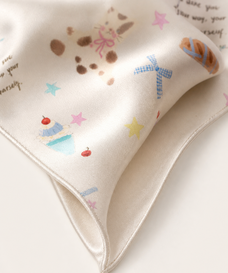 Watercolour Cat Silk Scarf — hem detail
