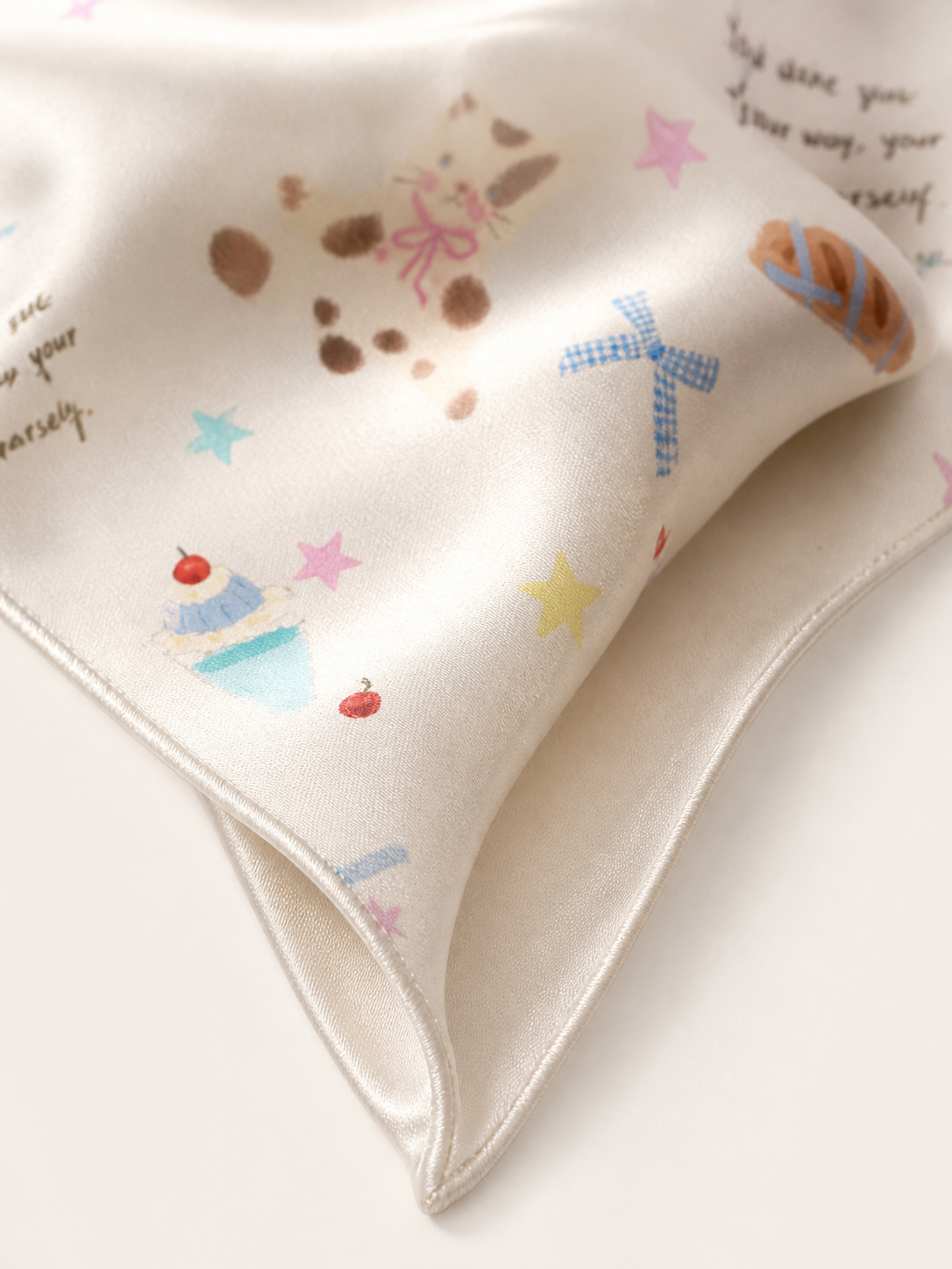 Watercolour Cat Silk Scarf — hem detail