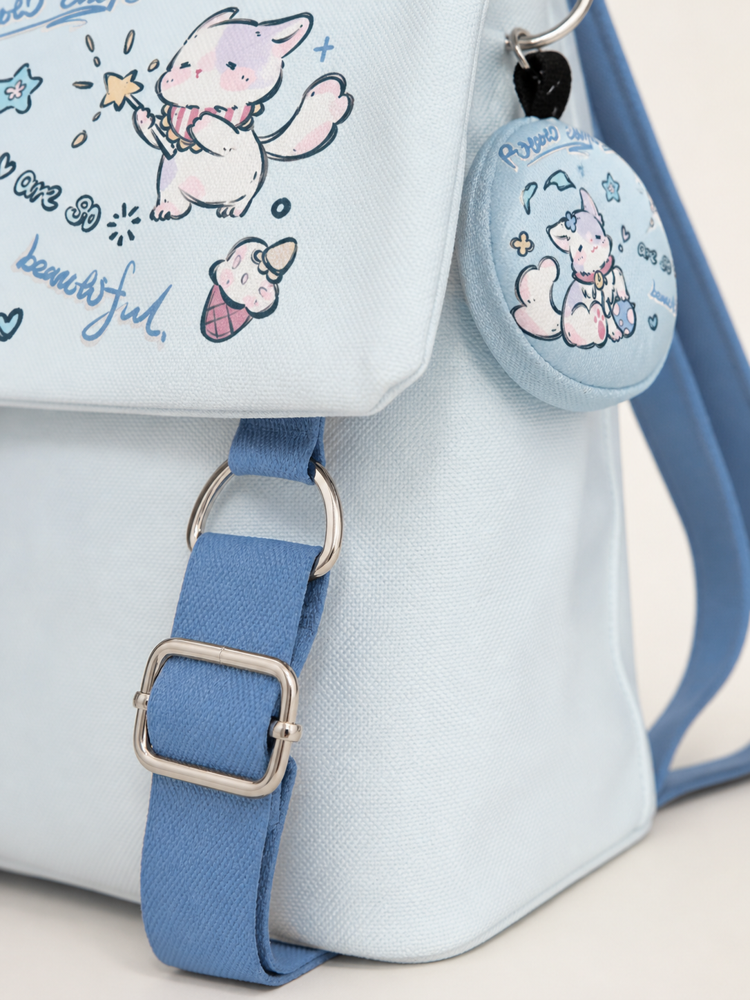 Winter Cat Canvas Flap Backpack — strap detail