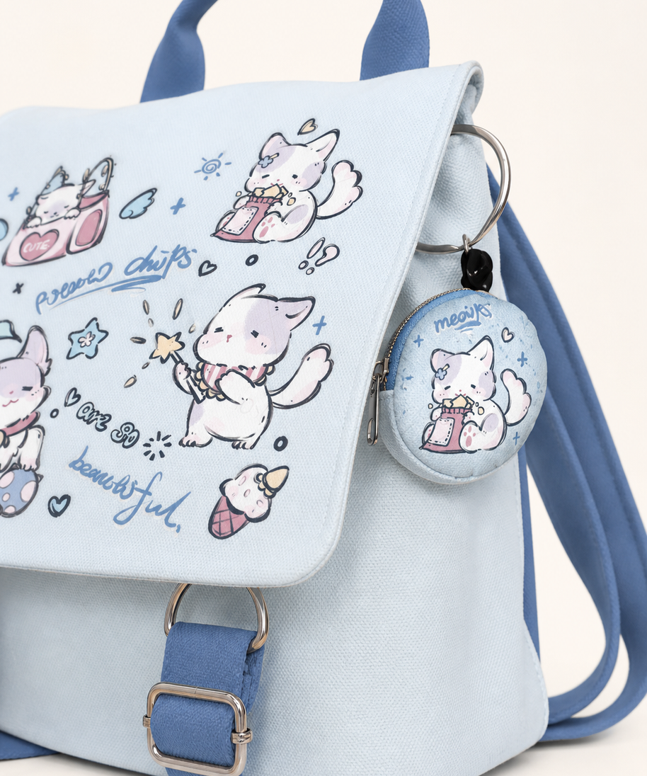 Winter Cat Canvas Flap Backpack — pocket detail
