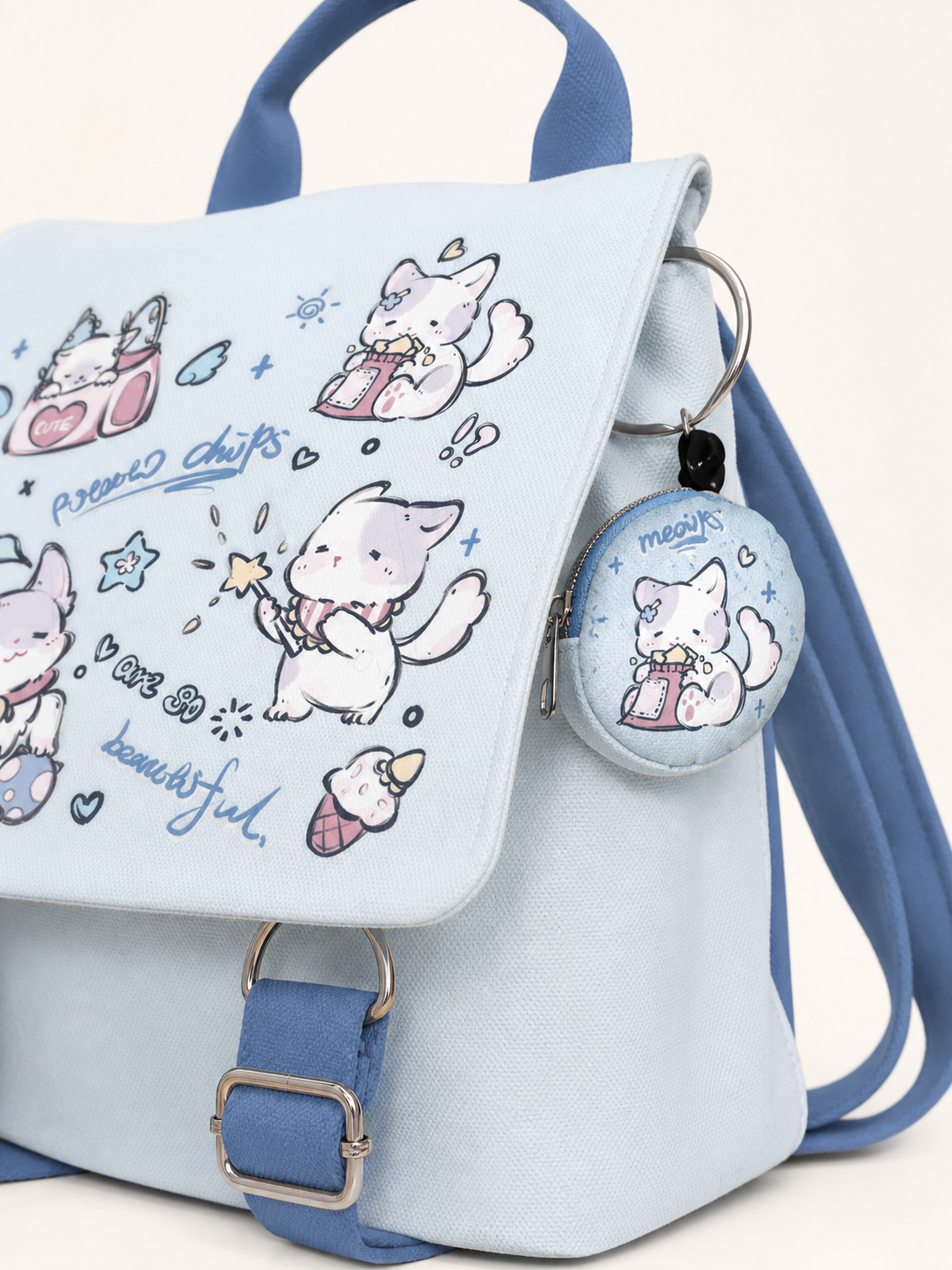 Winter Cat Canvas Flap Backpack — pocket detail